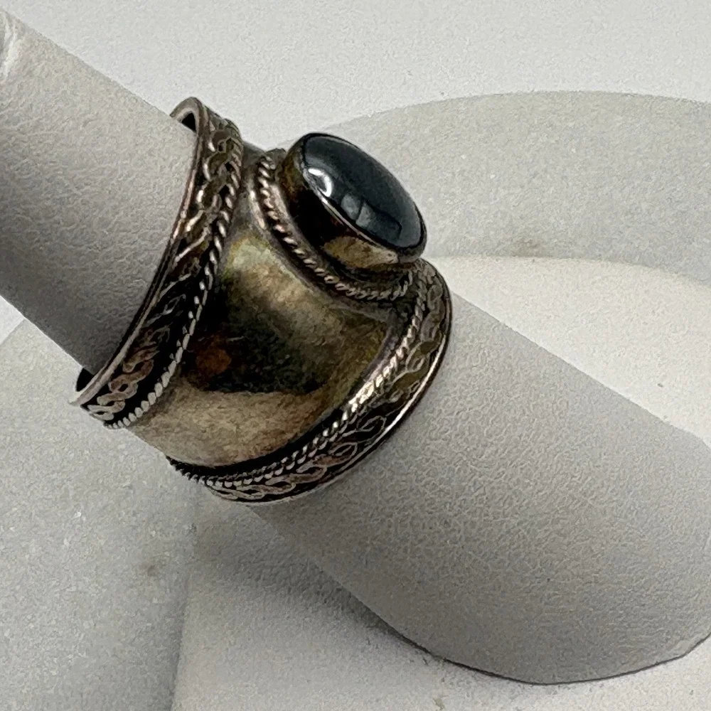 Vintage Sterling Silver Hematite Wide Band Ring Size 7 Bali Boho Braided Estate